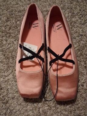 Worthington Pink Satin Ballet Flats with Black Ribbon